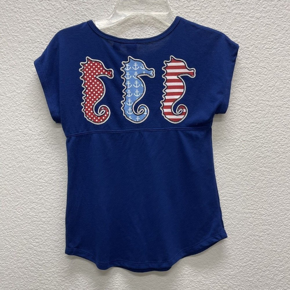 JK Girls Blue Shirt Seahorses Sz SMALL Patriotic USA July 4th